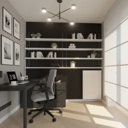 Nowoczesne biuro domowe z czarną ścianą akcentującą, białymi półkami wiszącymi, minimalistycznym biurkiem, ergonomicznym krzesłem biurowym i dekoracjami ściennymi w ramkach.