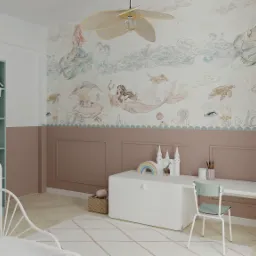 Pokój dziecięcy z motywem podwodnego świata na tapecie, białym łóżeczkiem, regałem i biurkiem z krzesłem, oświetlony lampą sufitową w kształcie wachlarza.