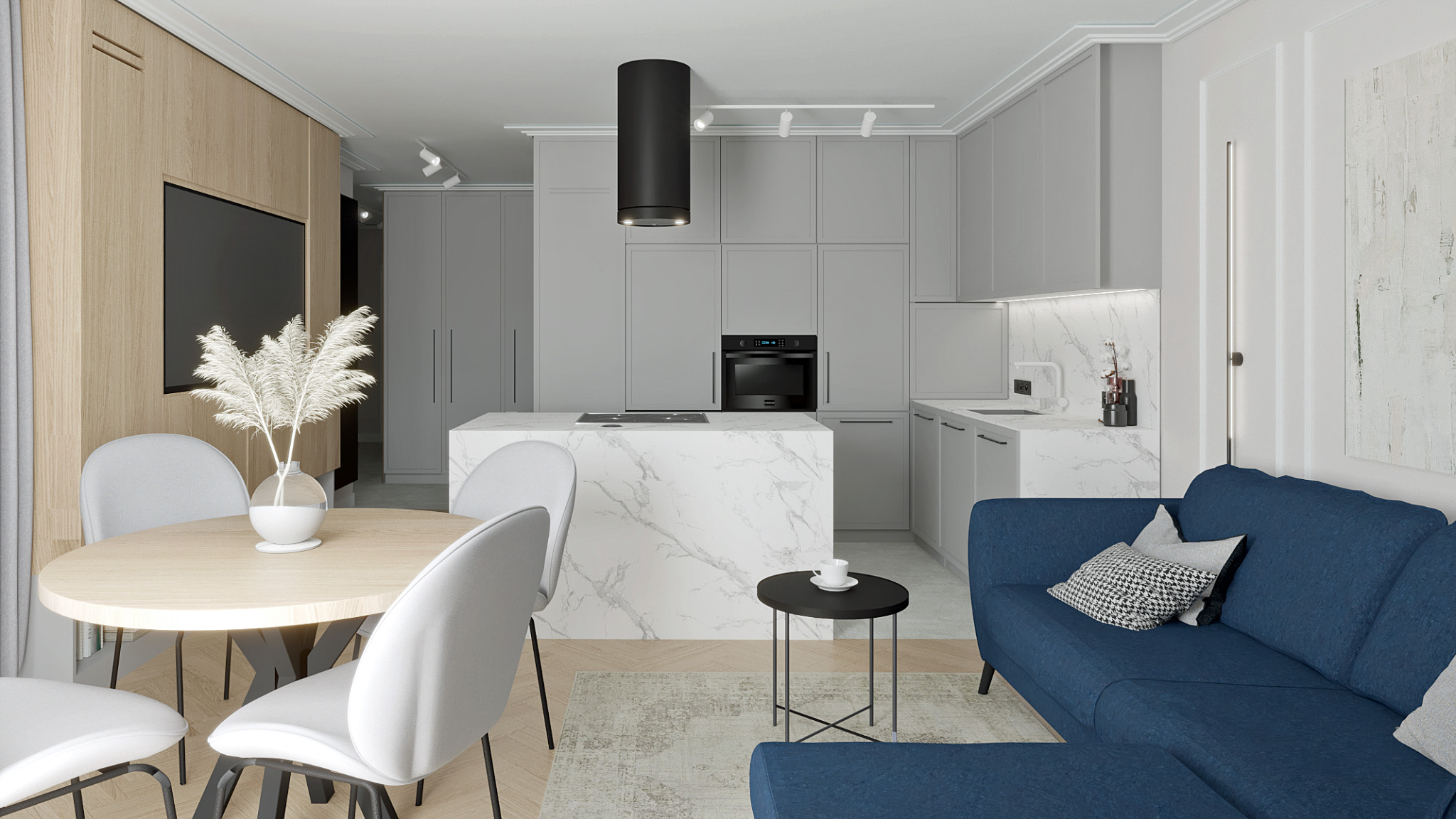 Wnętrze mieszkania w odcieniach szarości i beżu z akcentami granatu, obejmujące aneks kuchenny z wyspą wykończoną marmurem, okrągły stół z krzesłami oraz narożną sofę.