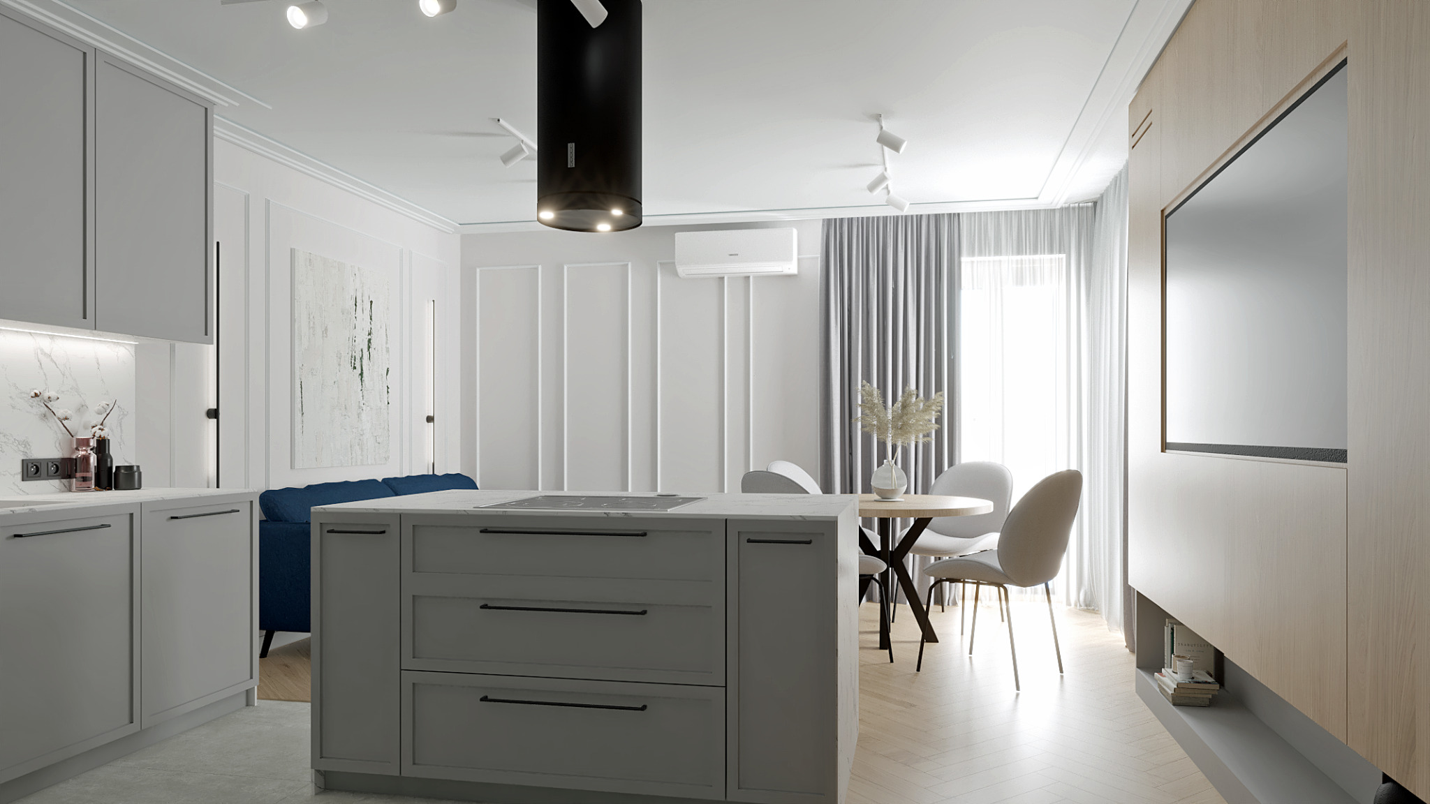 Jasne, przestronne wnętrze mieszkania z wyspą kuchenną, okrągłym stołem jadalnym i telewizorem w zabudowie. Minimalistyczny design z elementami dekoracyjnymi, takimi jak sztukateria na ścianach...