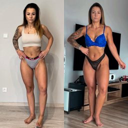 Bartosz Przybyła - Kobieta prezentująca zmiany w sylwetce przed i po, widoczne różnice w muskulaturze i kompozycji ciała, z tatuażem na ramieniu.