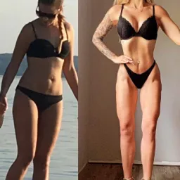 Kobieta w czarnym bikini, prezentująca transformację sylwetki: zdjęcie po lewej stronie ukazuje figurę przed, a po prawej - po treningach, z widocznym tatuażem na ramieniu i złotych butach na obcasie.