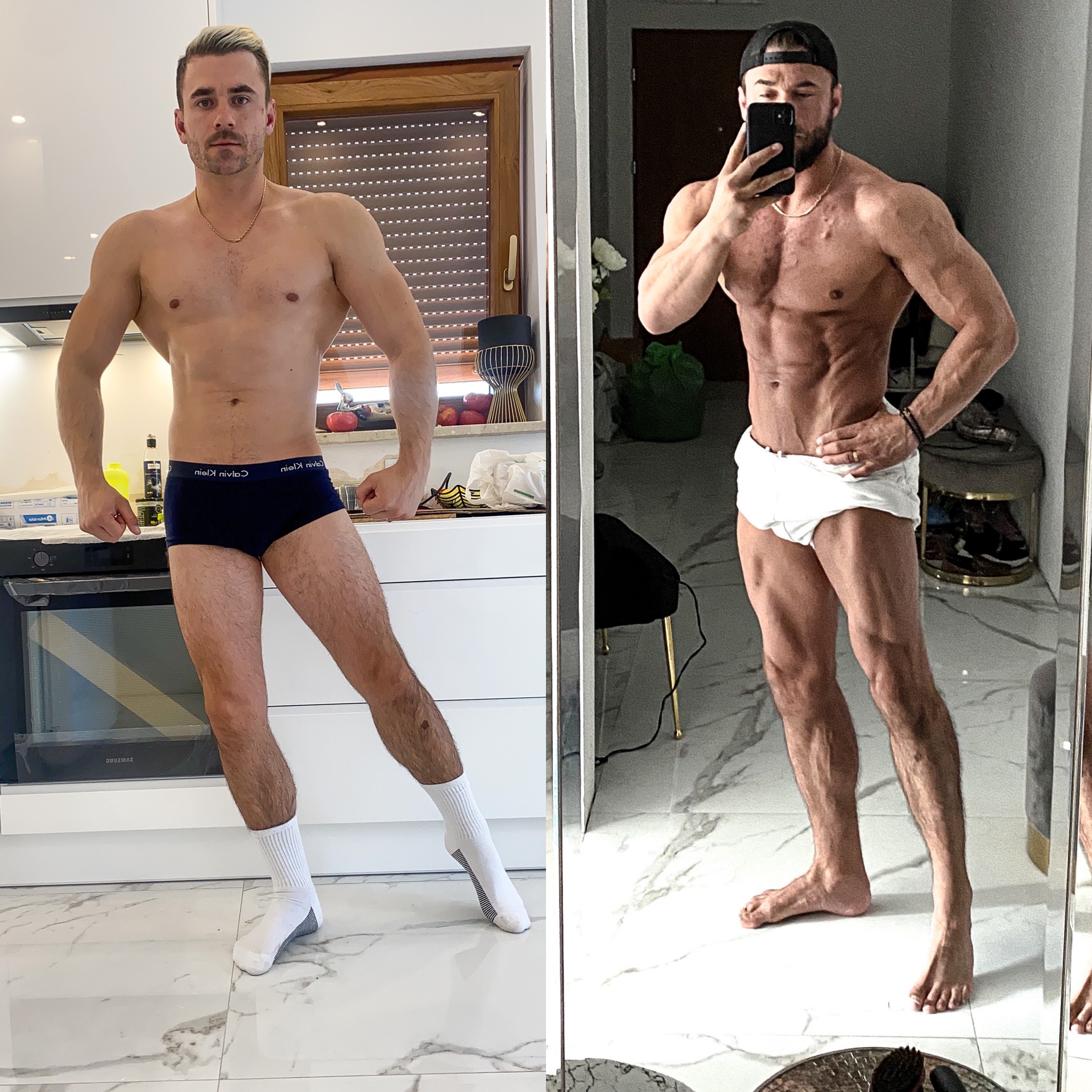 Porównanie sylwetki mężczyzny przed i po treningu, widoczne zmiany w definicji mięśni, na tle kuchni i lustra.