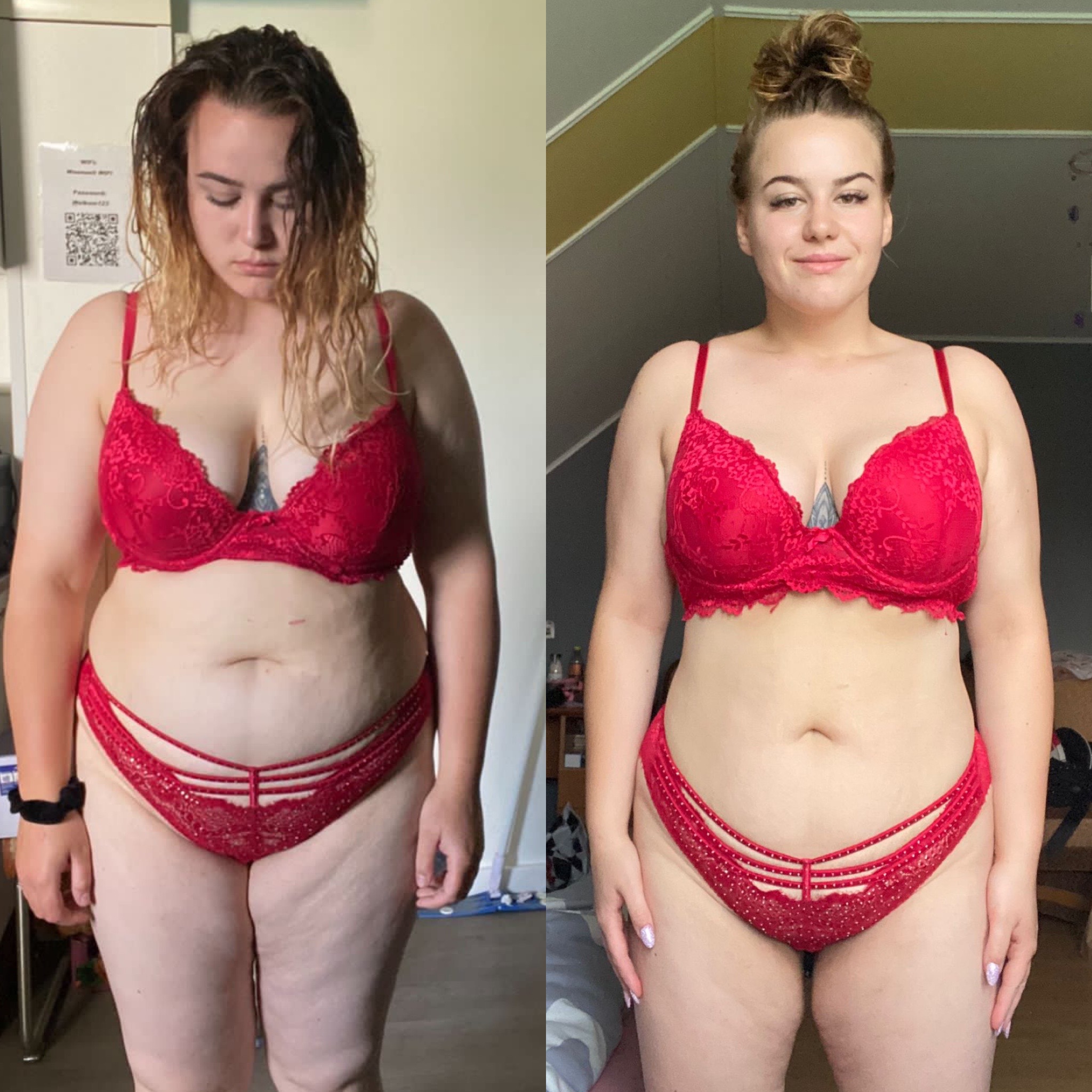 Kobieta w czerwonej bieliźnie prezentuje metamorfozę sylwetki: po lewej stronie z mokrymi włosami i poważnym wyrazem twarzy, po prawej z upiętymi włosami i uśmiechem, ukazując efekty diety...