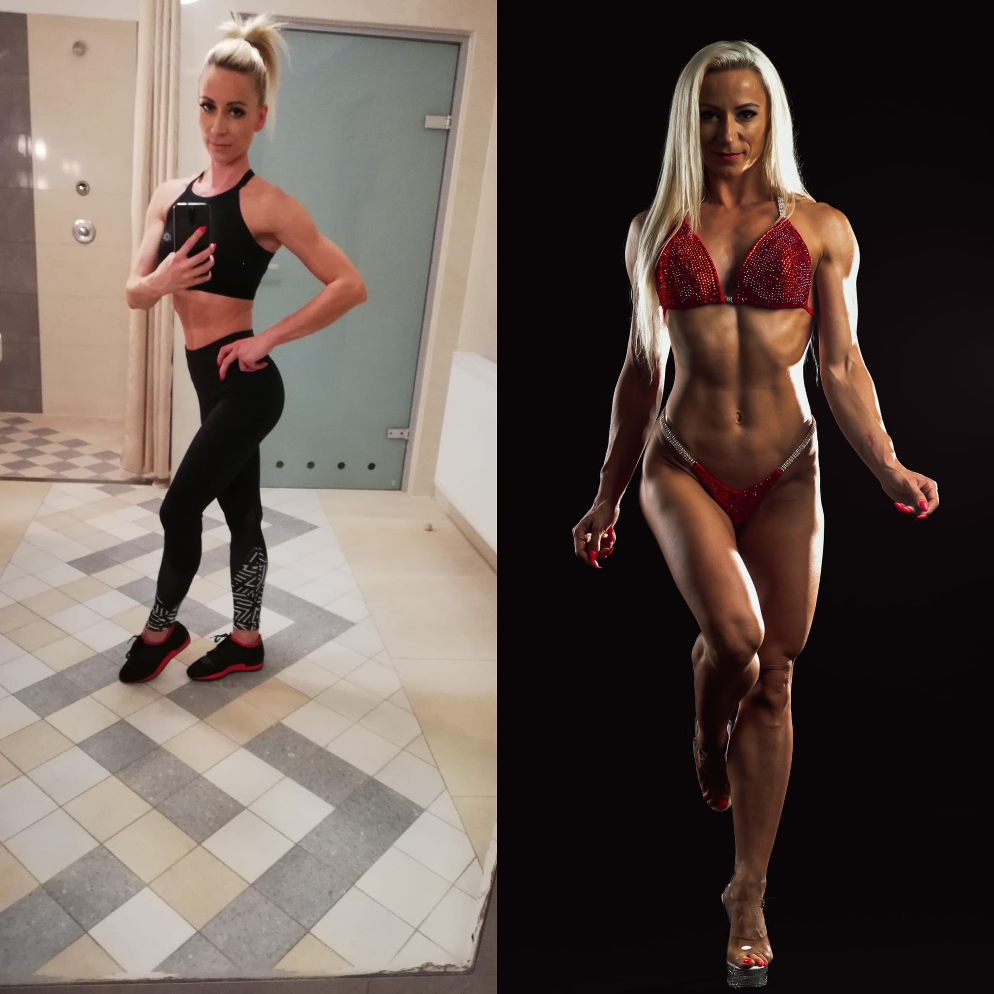 Kobieta prezentująca sylwetkę przed i po treningu, widoczne zmiany w muskulaturze i kompozycji ciała.