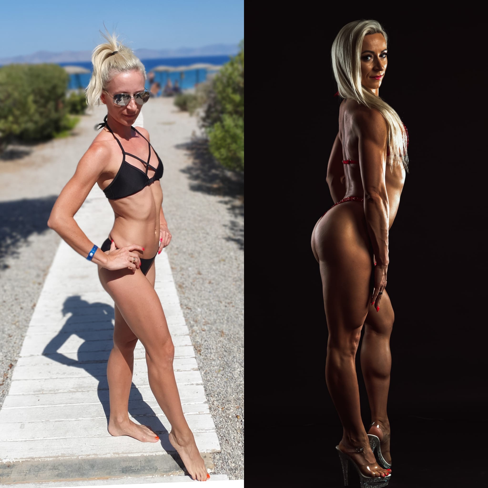 Kobieta w bikini na plaży i kobieta w bikini sportowym na czarnym tle, prezentacja sylwetki i muskulatury.