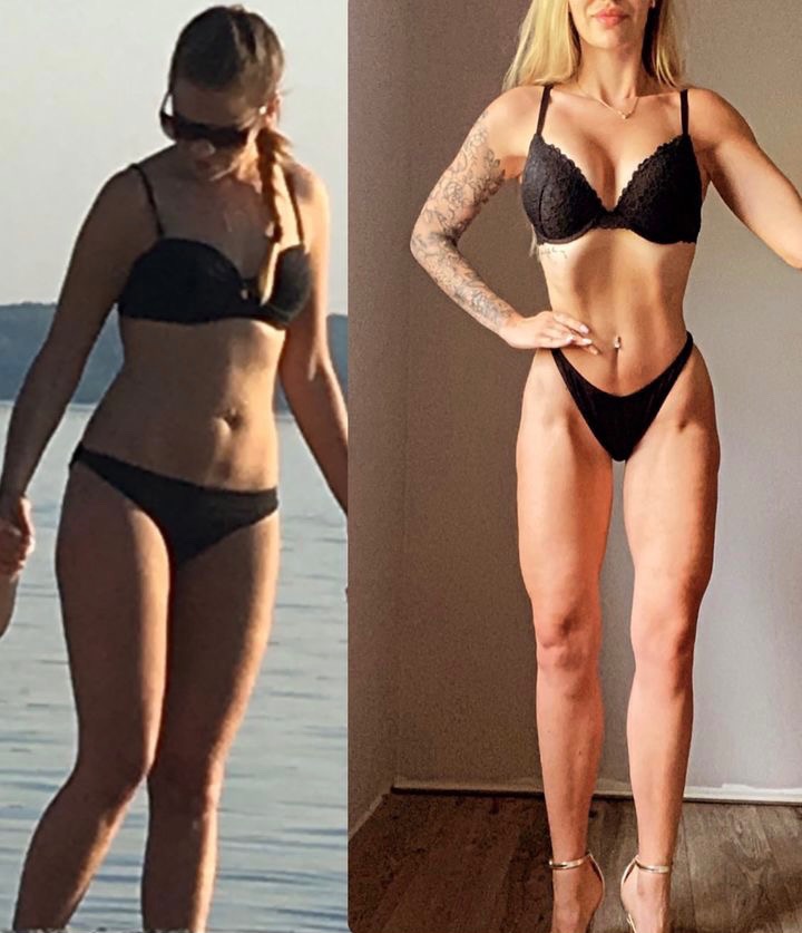 Kobieta w czarnym bikini, prezentująca transformację sylwetki: zdjęcie po lewej stronie ukazuje figurę przed, a po prawej - po treningach, z widocznym tatuażem na ramieniu i złotych butach na obcasie.