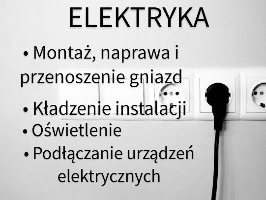 Rząd gniazdek elektrycznych z wpiętą wtyczką, nad nimi napis ELEKTRYKA i lista usług.