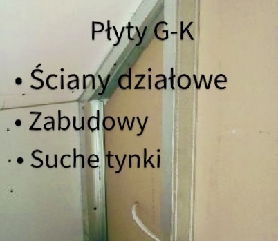 Konstrukcja ścianki działowej z płyt gipsowo-kartonowych, widoczne profile metalowe i fragment płyty G-K, instalacja elektryczna wewnątrz.