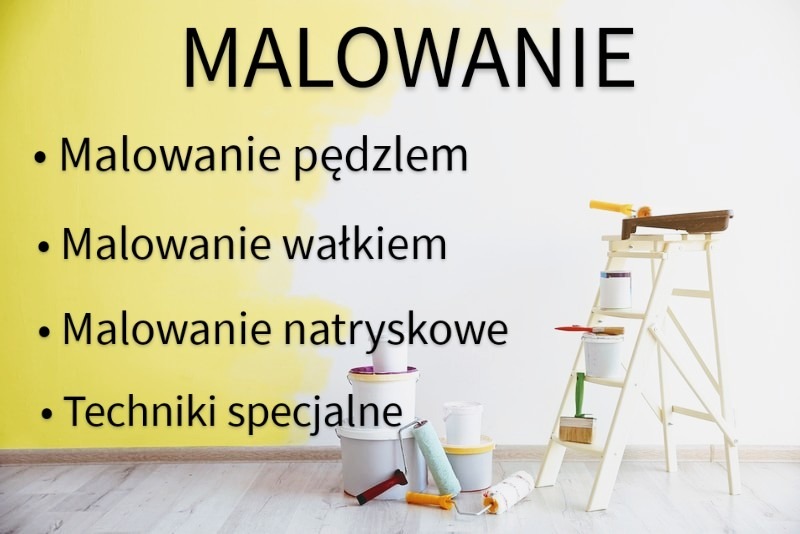 Prezentacja technik wykończeniowych ścian: pędzel, wałek, natrysk oraz techniki specjalne. Na pierwszym planie drabina z puszkami farb i narzędziami malarskimi, w tle ściana z żółtą plamą.