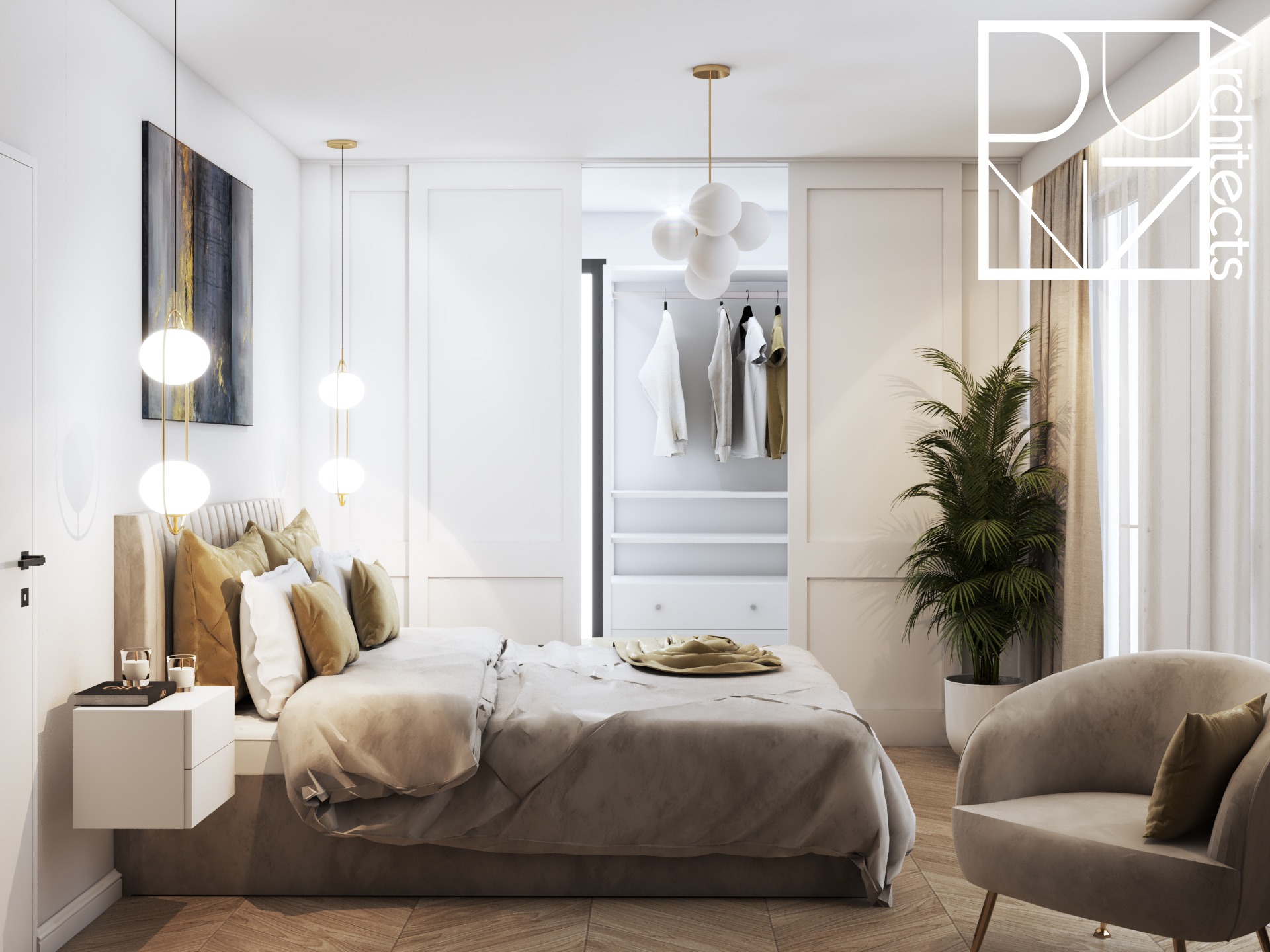 Jasna sypialnia z łóżkiem, szafą wnękową za przesuwnymi drzwiami, lampami wiszącymi i fotelem, na podłodze parkiet ułożony w jodełkę.