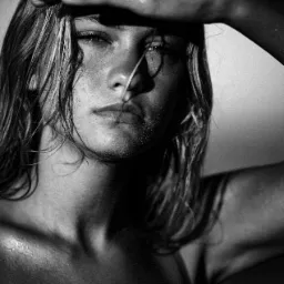 Czarno-białe, portretowe ujęcie kobiety z mokrymi włosami, dłonią osłaniającą oczy przed światłem, z piaskiem na twarzy i ramionach.