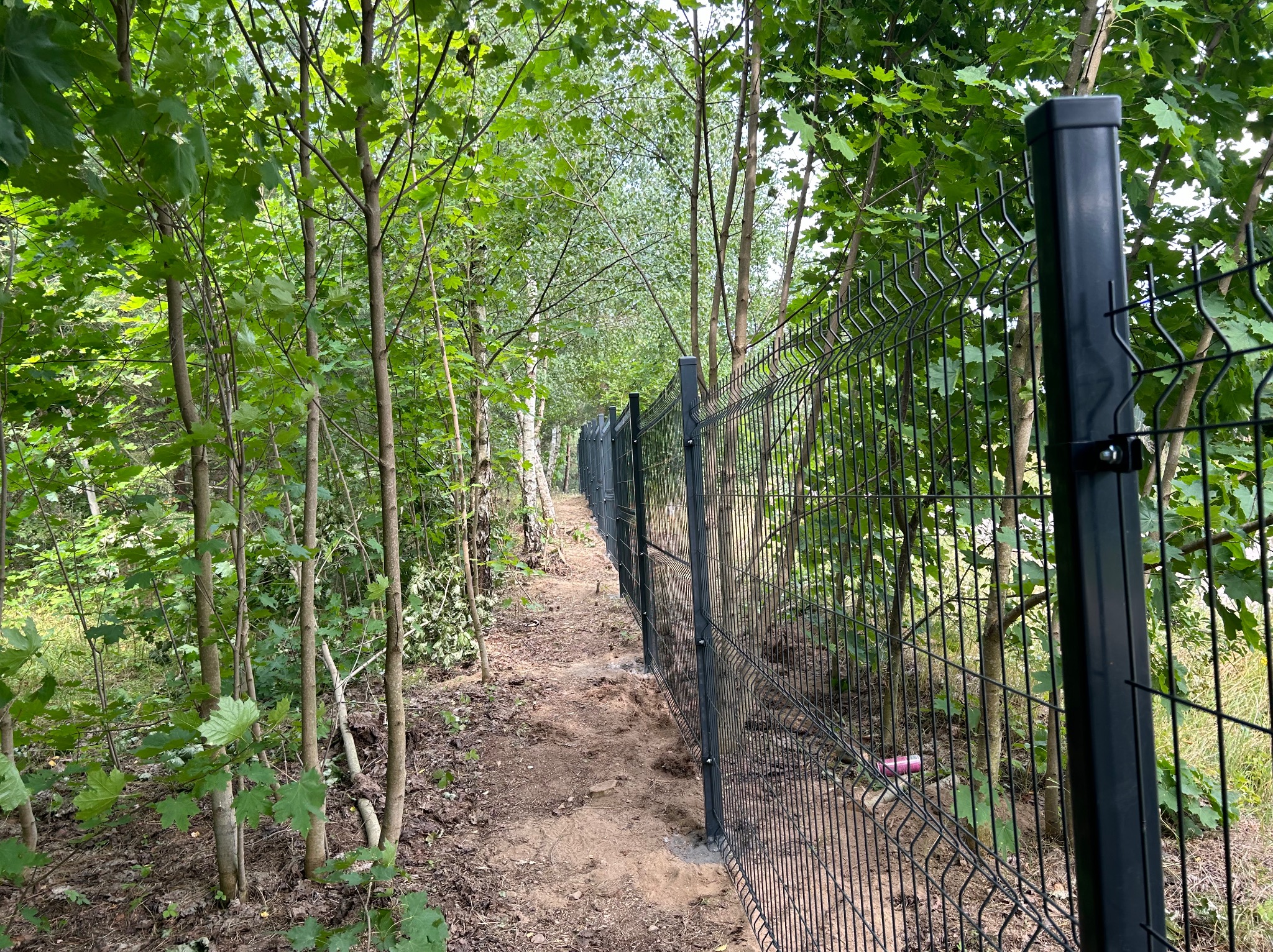 Długi, ciemny panelowy system ogrodzeniowy ciągnie się wzdłuż ścieżki w lesie, z widocznym słupkiem ogrodzeniowym na pierwszym planie i drzewami po obu stronach.