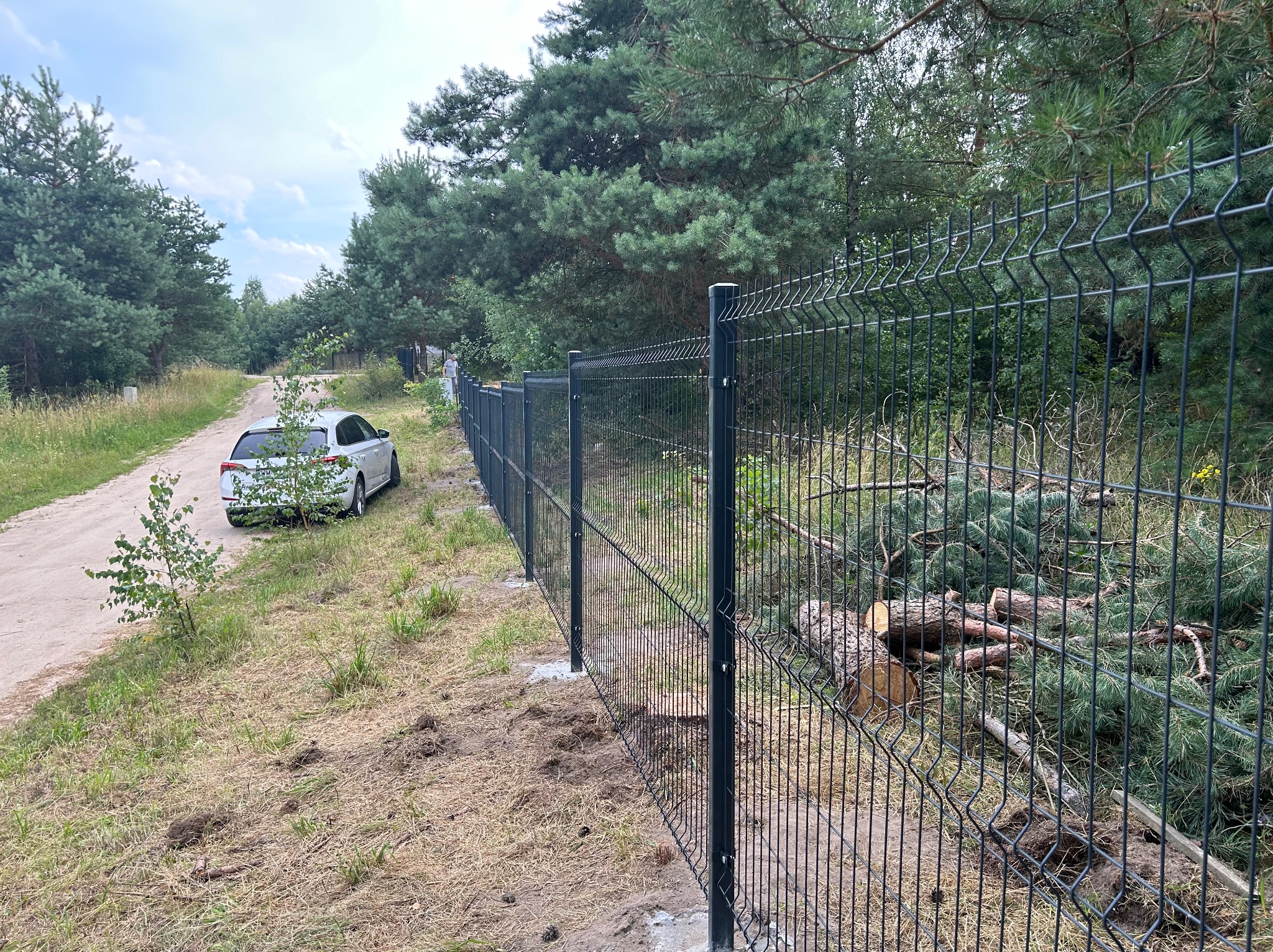 Długa, ciemna, metalowa konstrukcja na betonowych słupkach, oddzielająca leśną działkę od drogi gruntowej, na której stoi zaparkowany srebrny samochód osobowy.