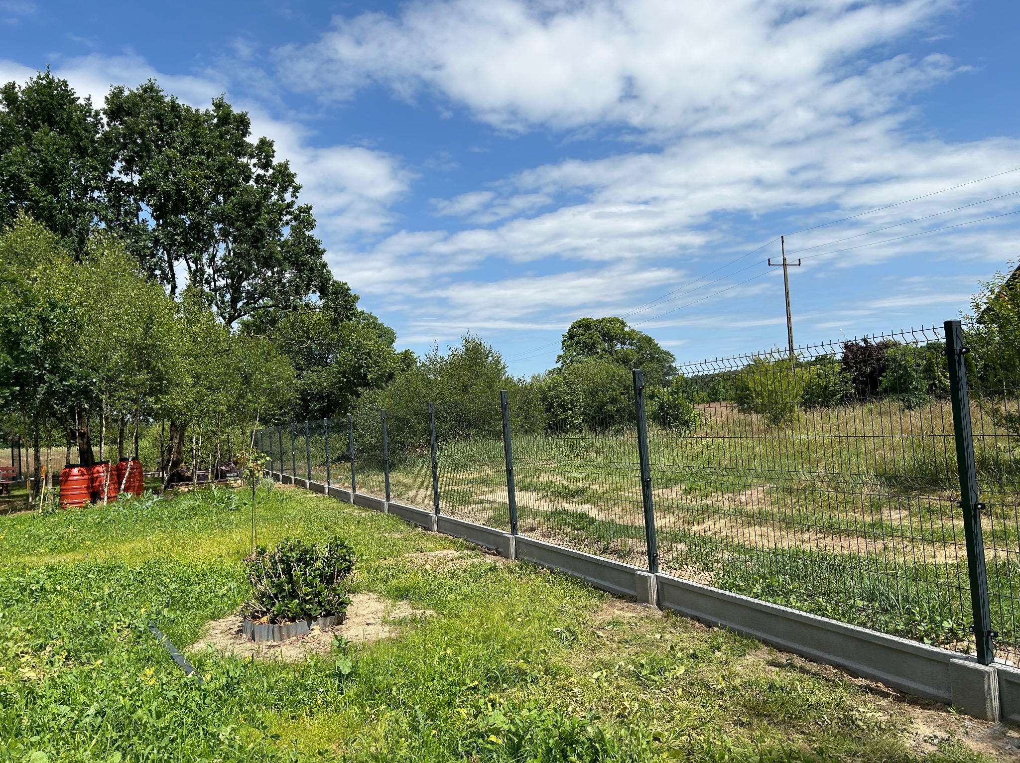 Ogrodzenie panelowe z podmurówką betonową na działce z trawą, drzewami i niebem z chmurami w tle.