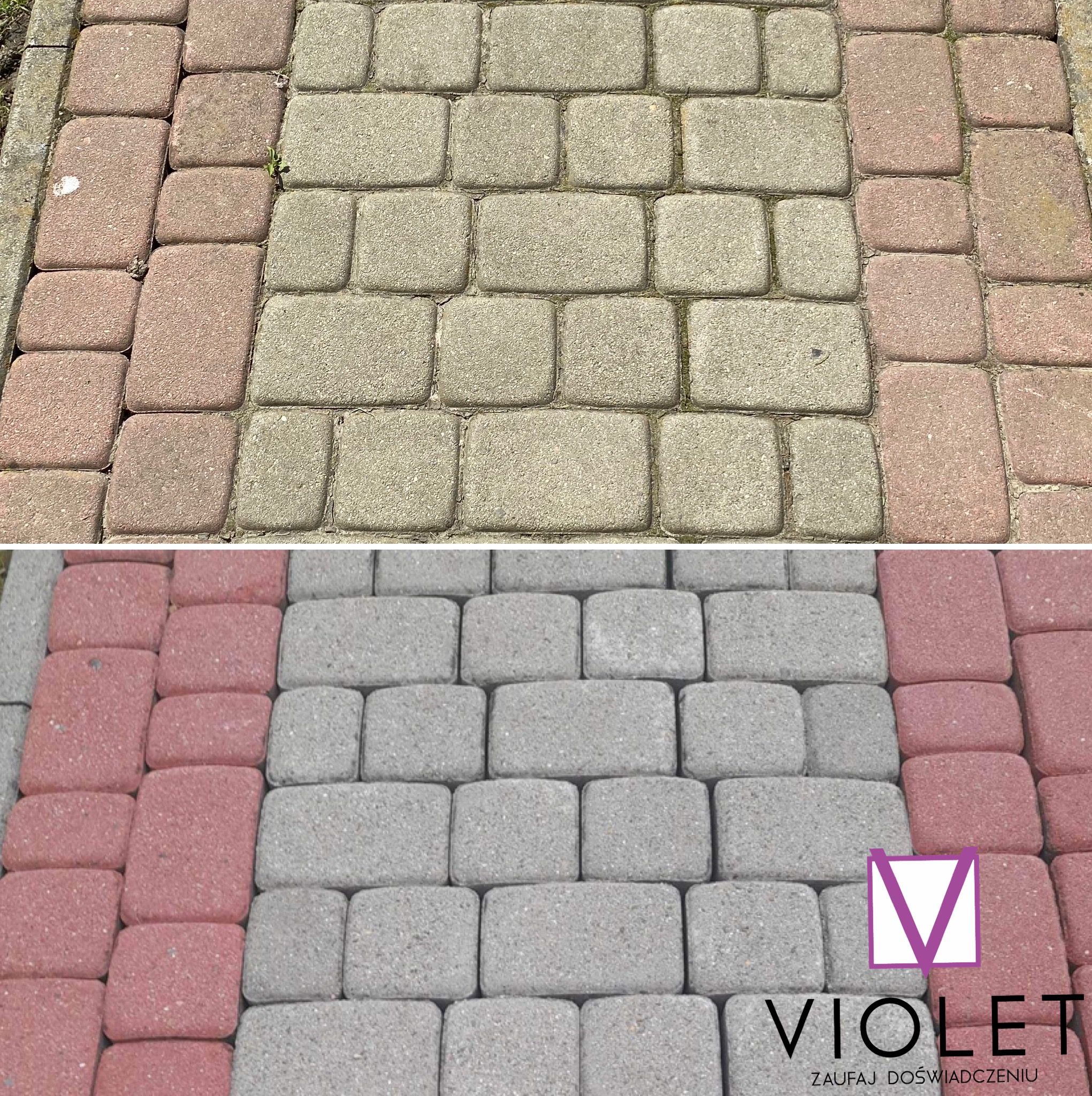 Ułożona kostka brukowa w dwóch odcieniach szarości i czerwieni, górna część zdjęcia z widocznymi zabrudzeniami i mchem, dolna część z logo firmy brukarskiej Violet.
