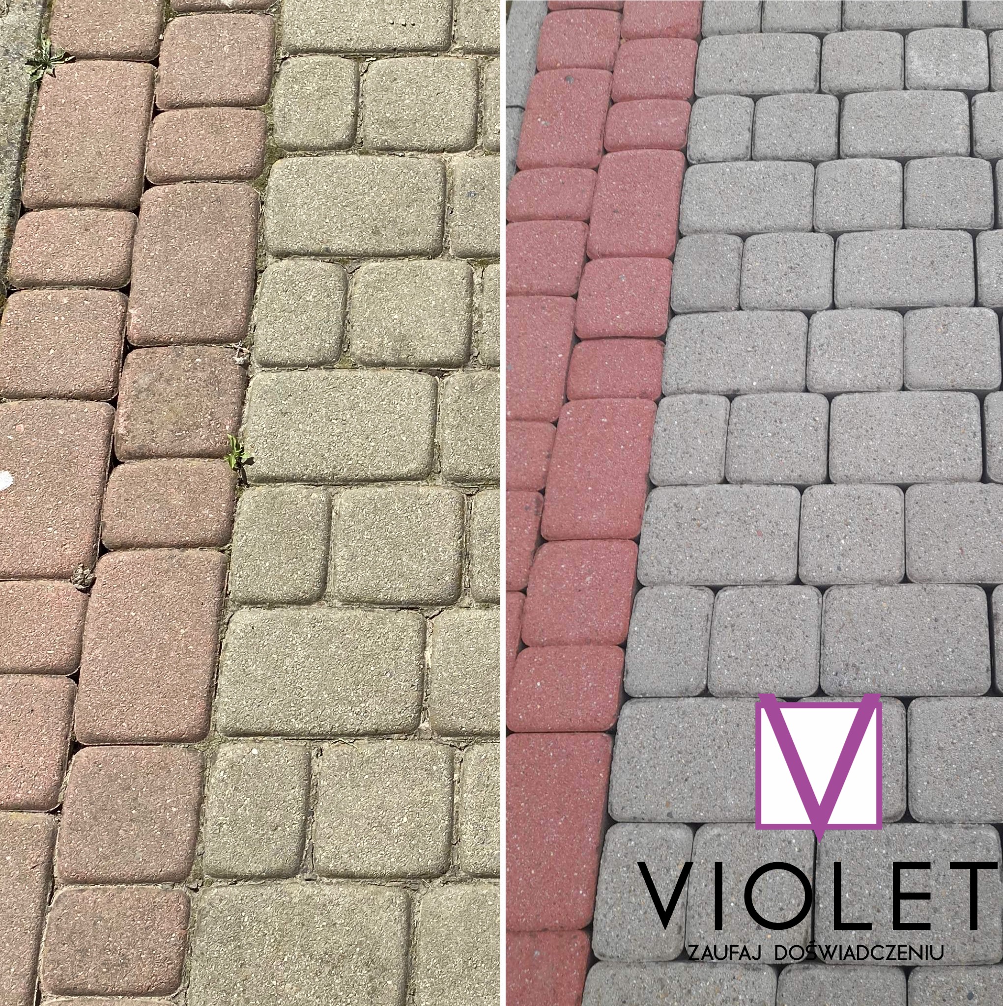 Zdjęcie kostki brukowej przed i po czyszczeniu, widoczne różnice w kolorze i czystości, z logo firmy na prawej stronie.