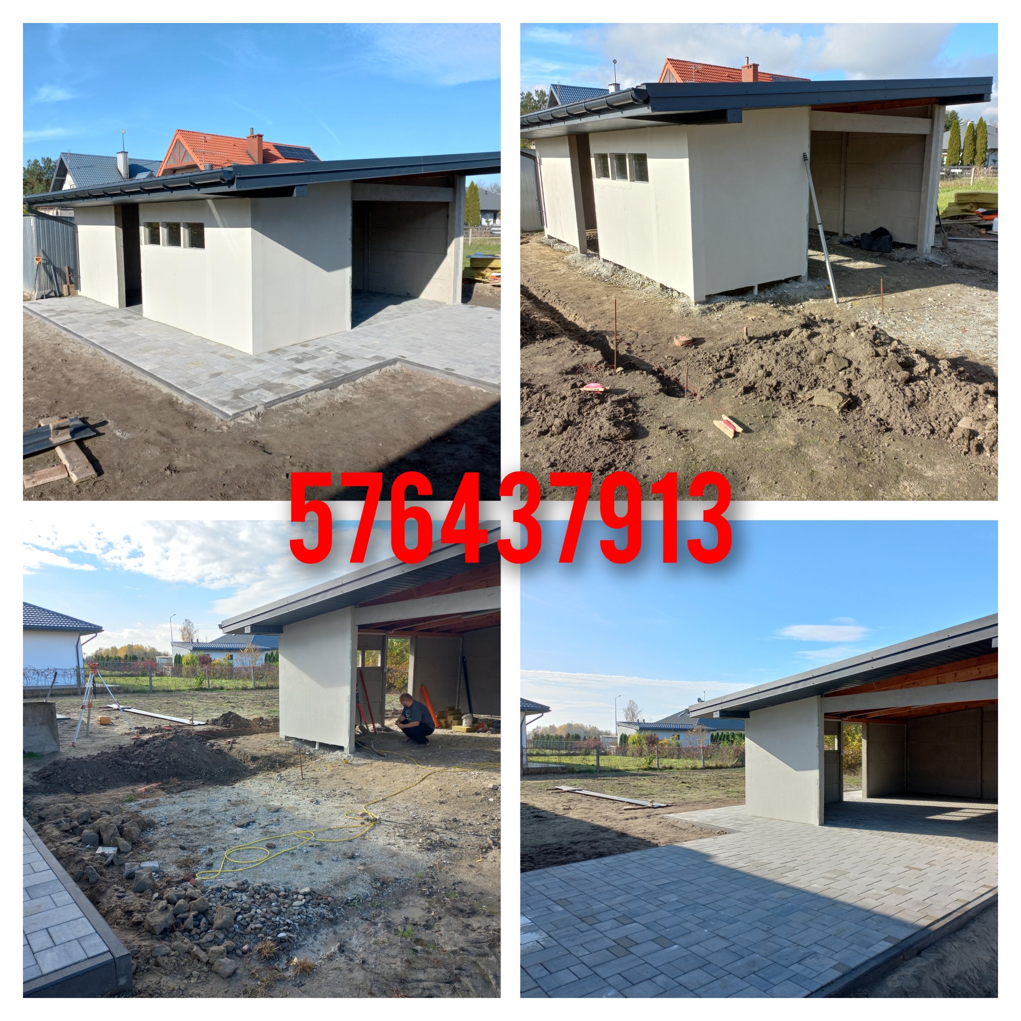 Cztery kadry z budowy garażu: etap układania kostki brukowej, przygotowanie terenu pod wylewkę, praca przy wykończeniu wnętrza, widok z zewnątrz na gotową konstrukcję z kostką.