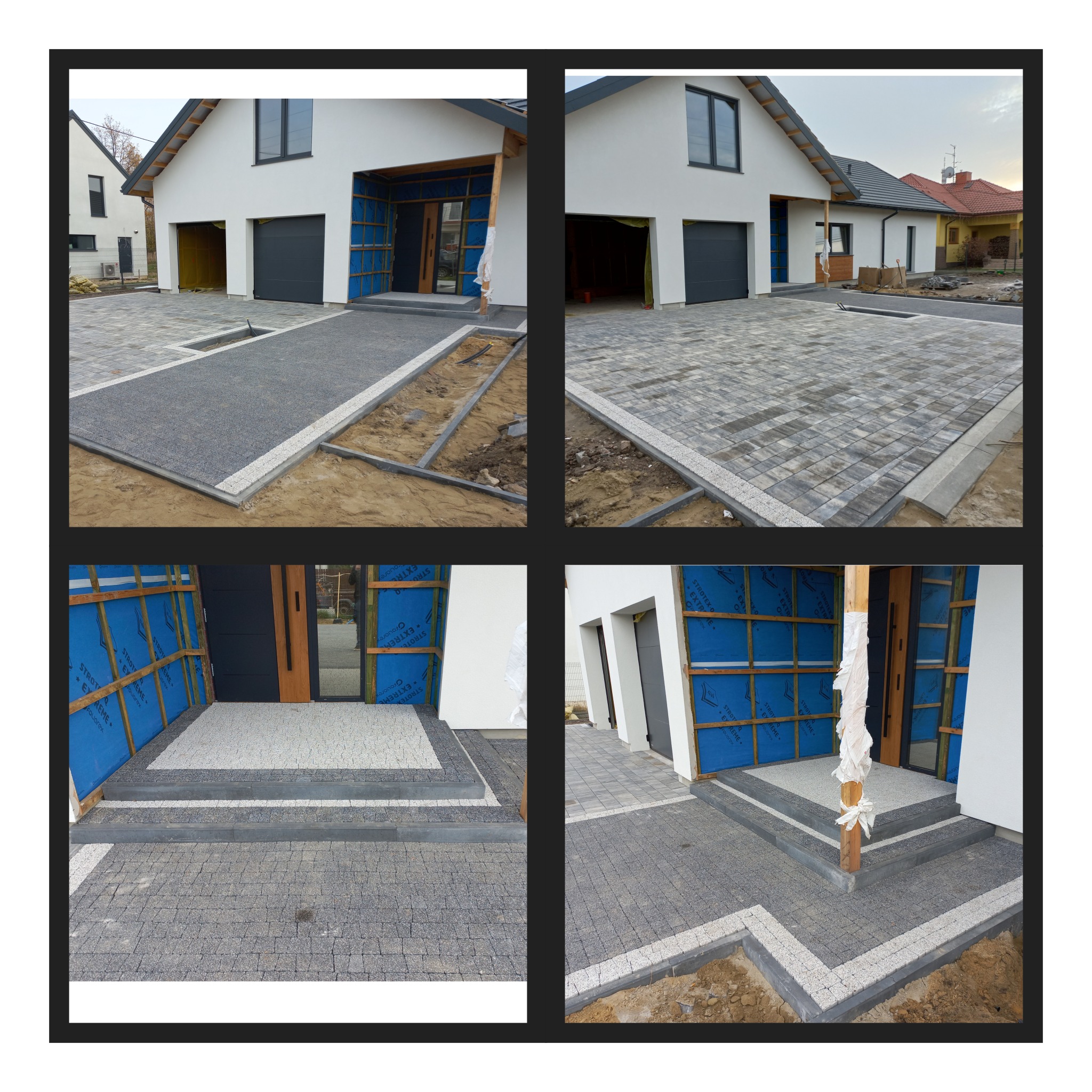 Cztery ujęcia z budowy domu, prezentujące układaną kostkę brukową na podjeździe i schodach wejściowych, z widocznymi elementami wykończeniowymi i zabezpieczeniami budowlanymi.