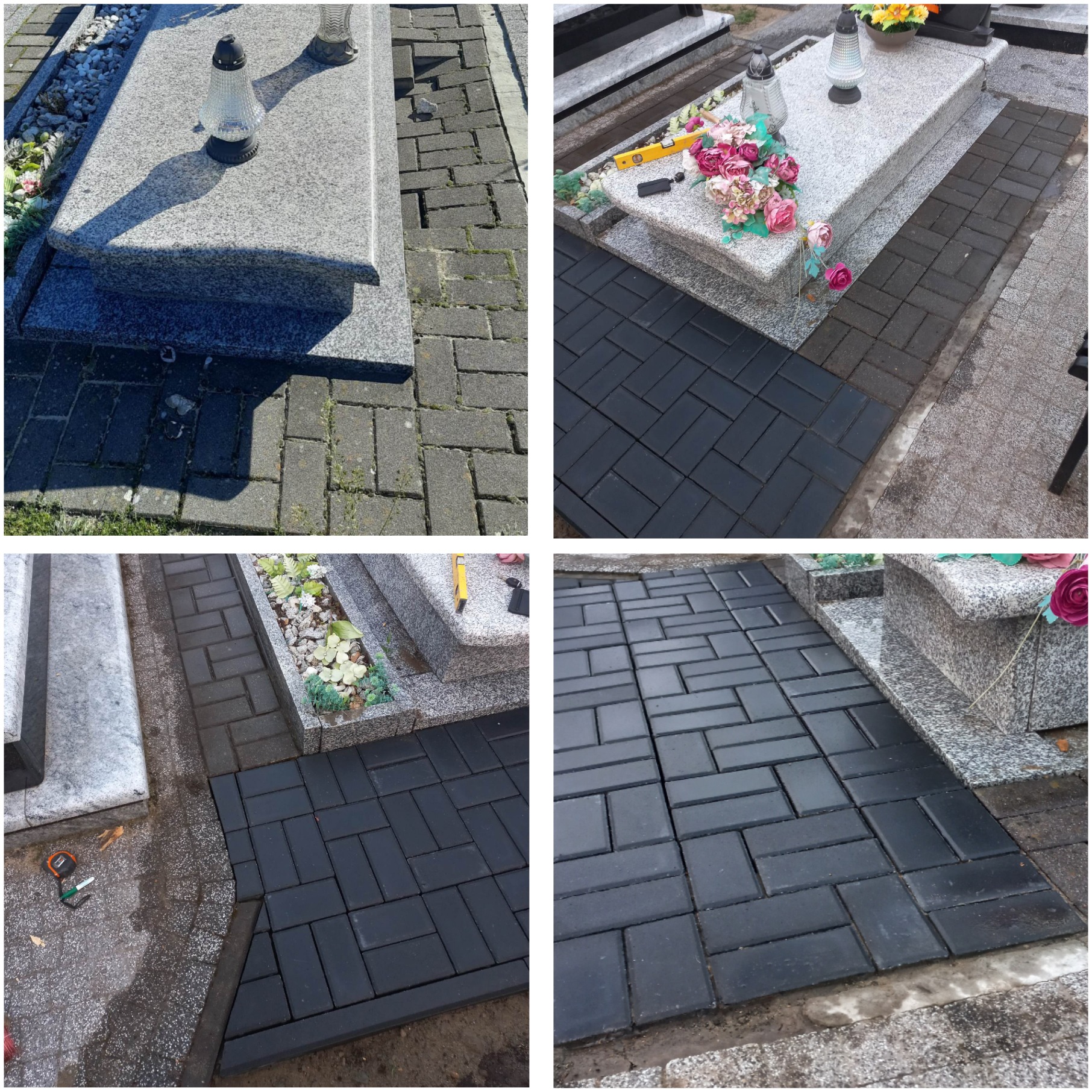 Cztery kadry z realizacji: układanie ciemnoszarej kostki brukowej wokół nagrobków, widoczne narzędzia pomiarowe i poziomica.