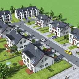 Wizualizacja osiedla domów jednorodzinnych z szarymi dachami, białymi elewacjami i drewnianymi tarasami, widziana z lotu ptaka, z samochodami i sylwetkami ludzi na ulicach.