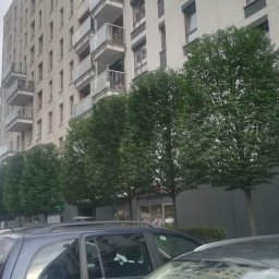 VENTI SOLUTIONS - Rząd równo przyciętych drzew liściastych wzdłuż chodnika przed nowoczesnym budynkiem mieszkalnym z balkonami, częściowo zasłonięte przez zaparkowane samochody w pochmurny dzień.