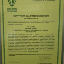 Skan certyfikatu Urzędu Dozoru Technicznego dla przedsiębiorstwa PHU GATERM Wiesław Gaiński z Białegostoku, uprawniającego do instalowania, konserwacji i serwisowania urządzeń chłodniczych...
