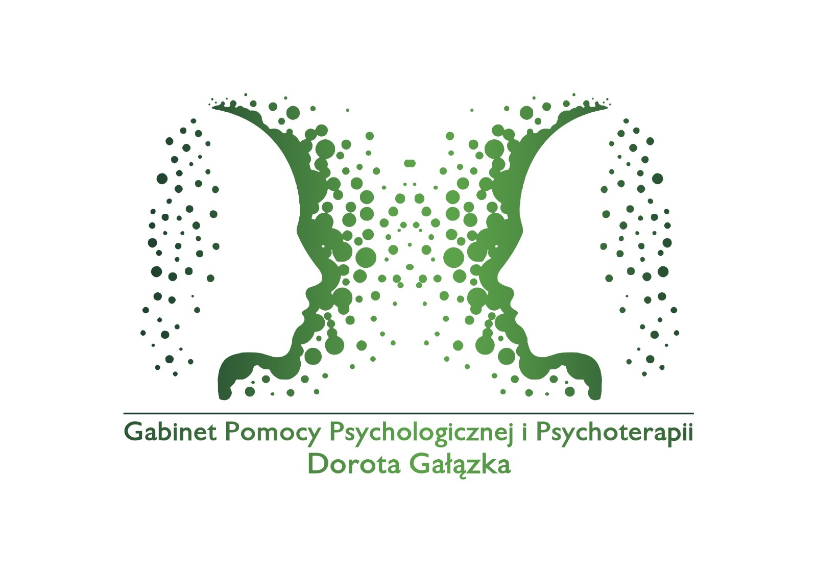 Zielone logo gabinetu pomocy psychologicznej i psychoterapii Dorota Gałązka z dwoma profilami twarzy utworzonymi z kropek.