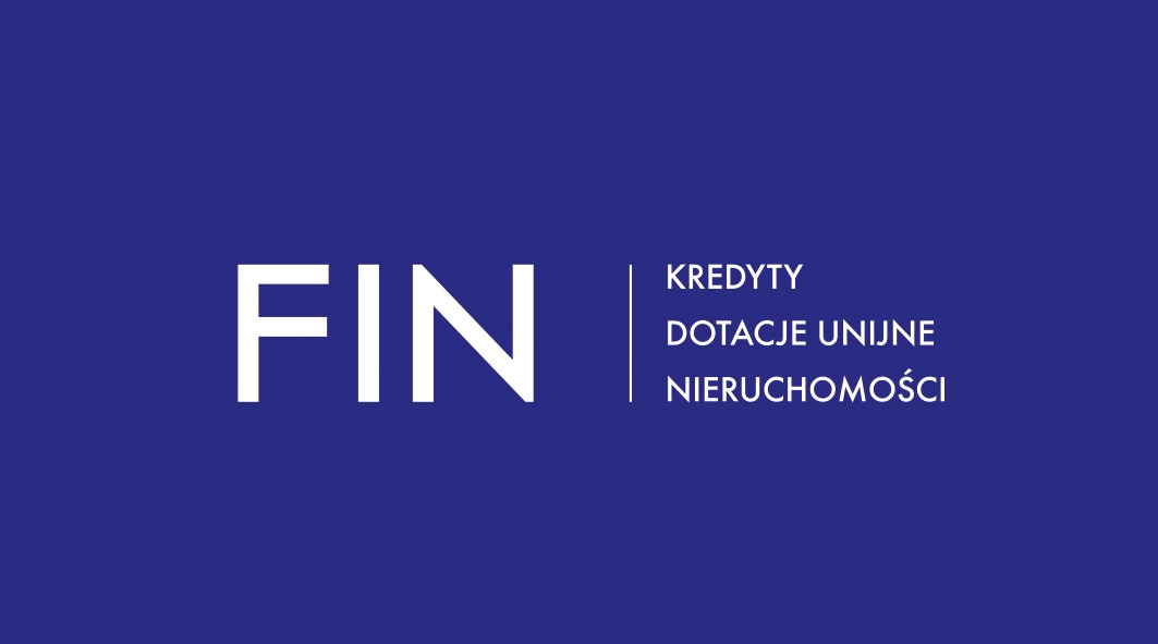 Logo firmy z branży finansowej, biały napis FIN na granatowym tle, obok pionowa kreska i tekst: Kredyty, Dotacje unijne, Nieruchomości.