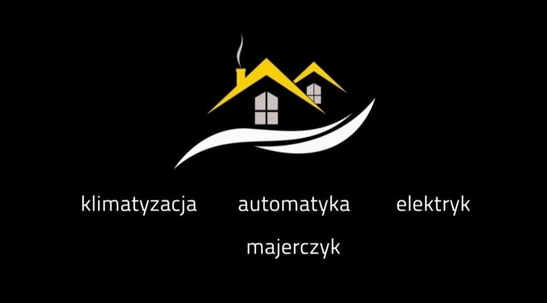 Logo firmy Majerczyk oferującej usługi klimatyzacji, automatyki i elektryki, z symbolem dwóch domów z dymiącym kominem na czarnym tle.