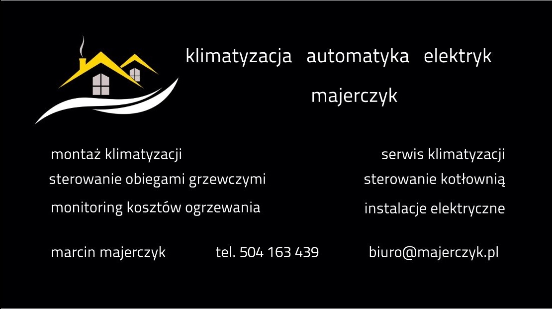 Wizytówka firmy Majerczyk oferującej montaż i serwis klimatyzacji, automatykę oraz usługi elektryczne, z logo przedstawiającym dwa domy z dymem z komina.