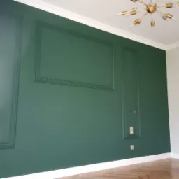 Ściana w kolorze butelkowej zieleni z dekoracyjnymi ramkami i listwami, widoczne gniazdka elektryczne, parkiet w jodełkę i nowoczesna lampa sufitowa.