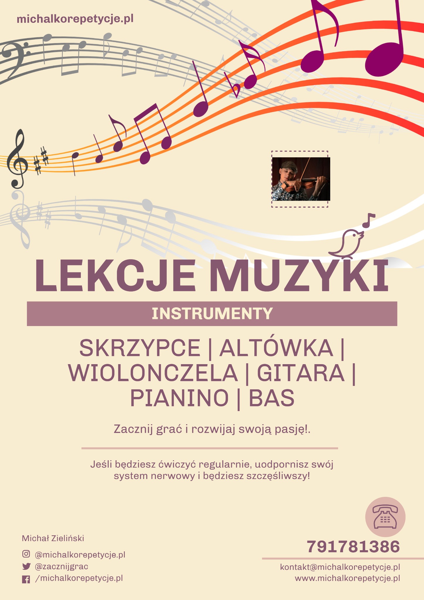 Grafika reklamowa lekcji muzyki z nutami, skrzypkiem i informacjami kontaktowymi.