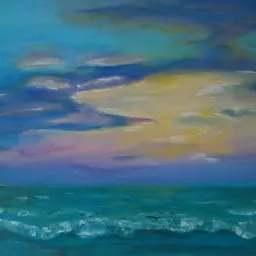 Pejzaż morski z latarnią morską, malowany farbami olejnymi, z widoczną fakturą pędzla i sygnaturą autora w lewym dolnym rogu.