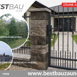 Nowoczesna brama wjazdowa z metalowymi prętami i kamiennymi słupkami, widok na dom i ścieżkę z kostki brukowej, reklama firmy Bestbau Zäune.