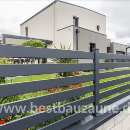 Bestbauzaune - Nowoczesne ogrodzenie panelowe w kolorze grafitowym z poziomymi szczeblami i dekoracyjnym ażurowym panelem, na tle nowoczesnego domu z ogrodem.