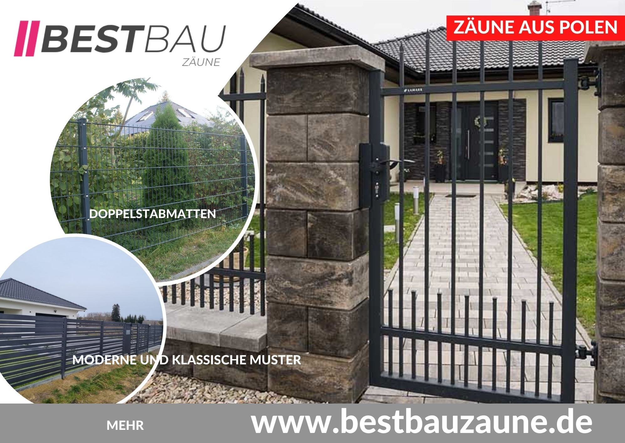 Nowoczesna brama wjazdowa z metalowymi prętami i kamiennymi słupkami, widok na dom i ścieżkę z kostki brukowej, reklama firmy Bestbau Zäune.