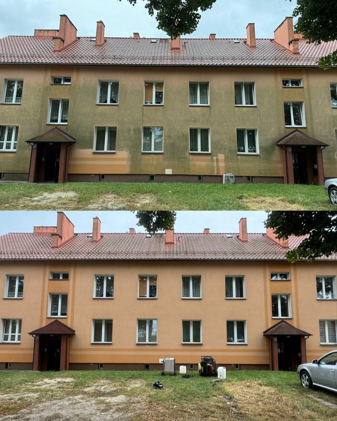 Czyszczenie, odgrzybianie, impregnacja elewacji Mycie na gorąco niskim ciśnieniem