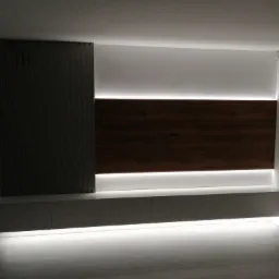 Nowoczesna ściana telewizyjna z podświetleniem LED, drewnianym panelem i szafkami w neutralnych kolorach, widoczne schody w tle.