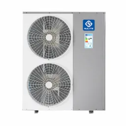 Biało-szara jednostka zewnętrzna z dwoma wentylatorami i logo Nulite oraz etykietą energetyczną na szarej obudowie.
