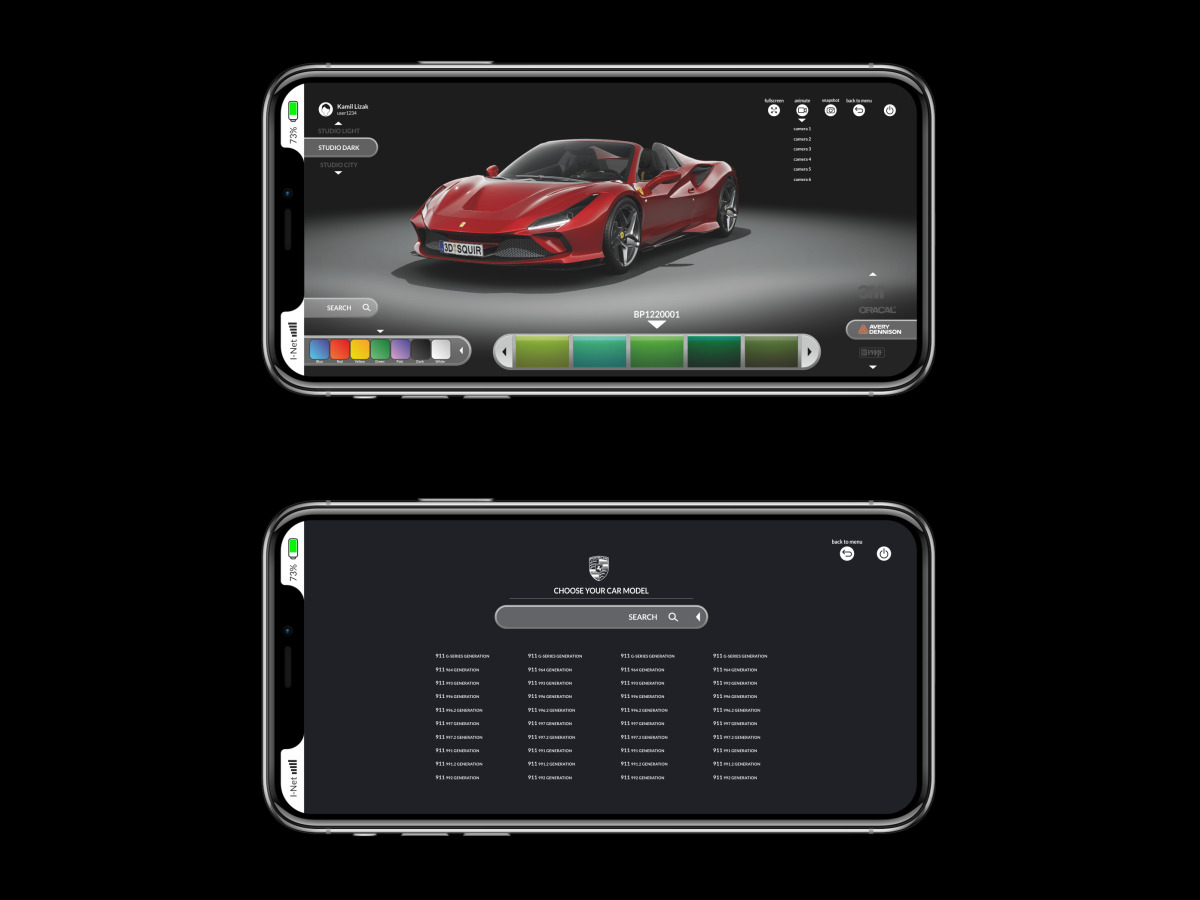 Dwa ekrany smartfonów prezentujące aplikację do wizualizacji i konfiguracji samochodu sportowego. Górny ekran pokazuje czerwony kabriolet w studiu, z opcjami wyboru koloru i ustawień oświetlenia.