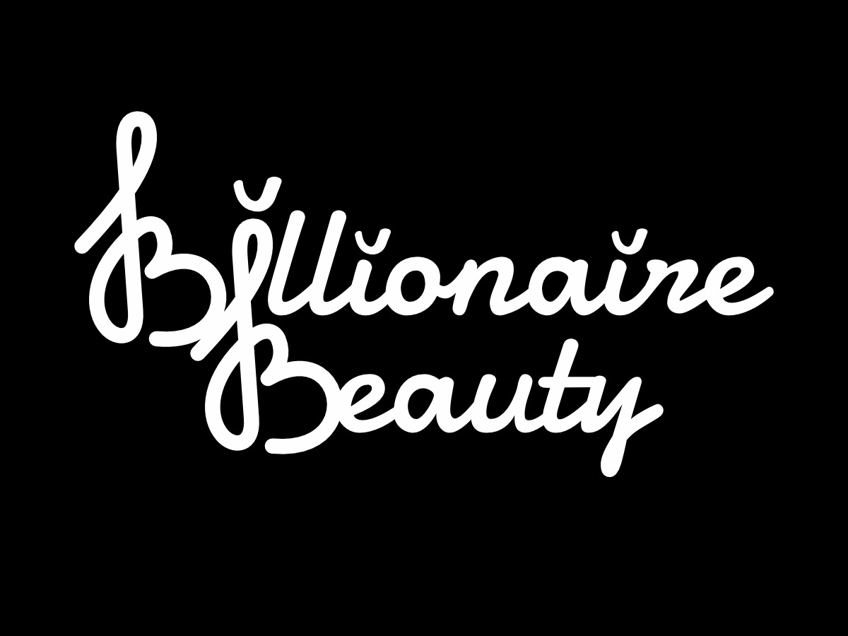 Białe logo 'Billionaire Beauty' na czarnym tle, wykonane ozdobną, kaligraficzną czcionką.
