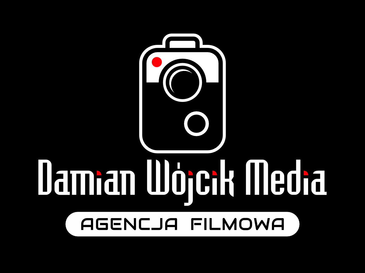 Logo firmy Damian Wójcik Media, agencja filmowa, na czarnym tle, z symbolem kamery w górnej części.
