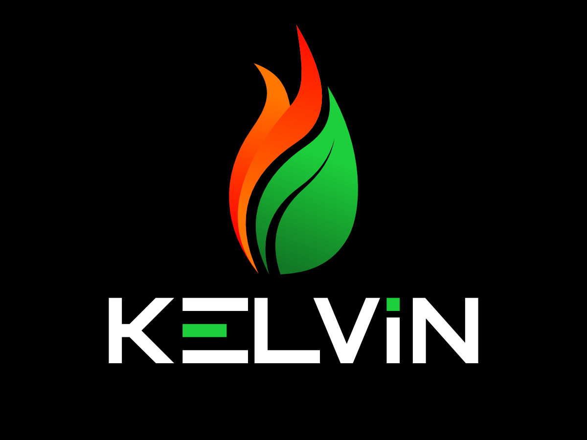 Logo firmy Kelvin: stylizowany płomień w kolorach pomarańczowym i zielonym nad nazwą firmy zapisaną białymi literami z zielonym akcentem nad literą 'i', na czarnym tle.