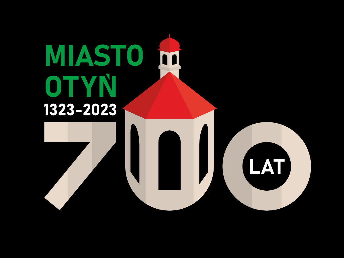 Grafika z okazji 700-lecia miasta Otyń, prezentująca stylizowaną wieżę ratuszową z czerwonym dachem, wpisaną w cyfrę 700, z napisem 'Miasto Otyń 1323-2023' w kolorze zielonym.