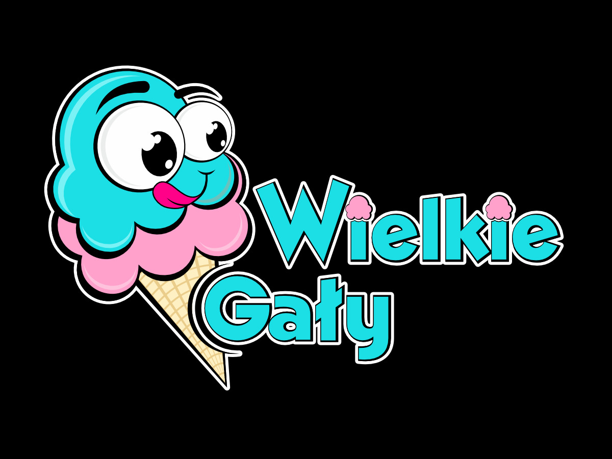 Ilustracja logo firmy z wesołą lodową postacią i napisem 'Wielkie Gały' na czarnym tle.