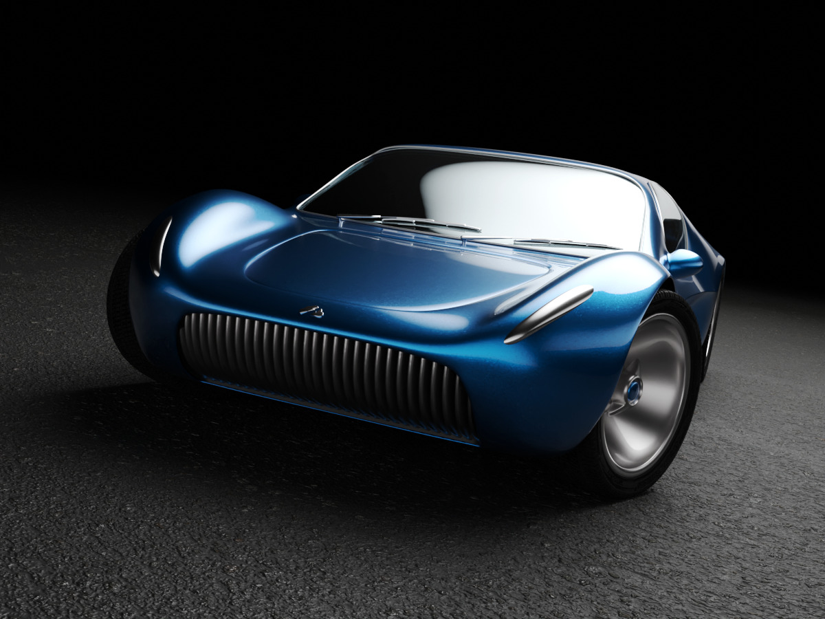Niebieski, futurystyczny samochód koncepcyjny z charakterystycznym pionowym grillem i gładkimi liniami, renderowany na ciemnym tle z efektem rozmycia ruchu na kołach.