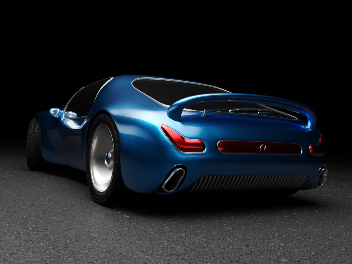 Błękitny, sportowy samochód koncepcyjny z widocznym spojlerem i podwójnym wydechem, prezentowany w studiu na tle czarnego tła.