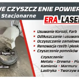 Grafika reklamowa prezentująca laserowe czyszczenie powierzchni metalowych, drewnianych, piaskowca, cegieł, kamienia, marmuru, granitu i lastryka, z adresem i numerem telefonu firmy Era Lasera.