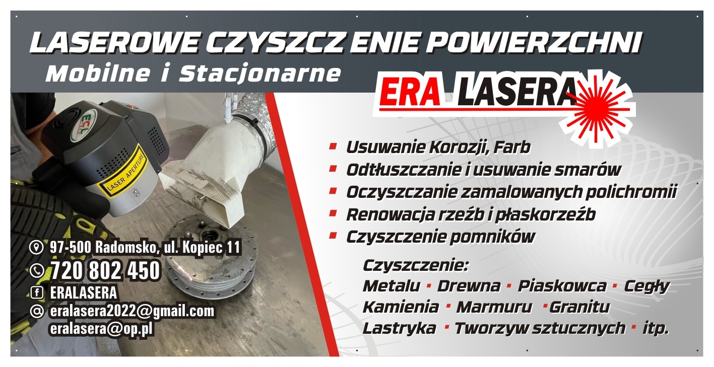 Grafika reklamowa prezentująca laserowe czyszczenie powierzchni metalowych, drewnianych, piaskowca, cegieł, kamienia, marmuru, granitu i lastryka, z adresem i numerem telefonu firmy Era Lasera.